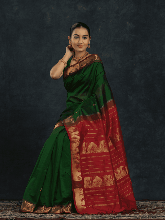 Pure Handloom Korvai Saree | Pine Green and Golden Red