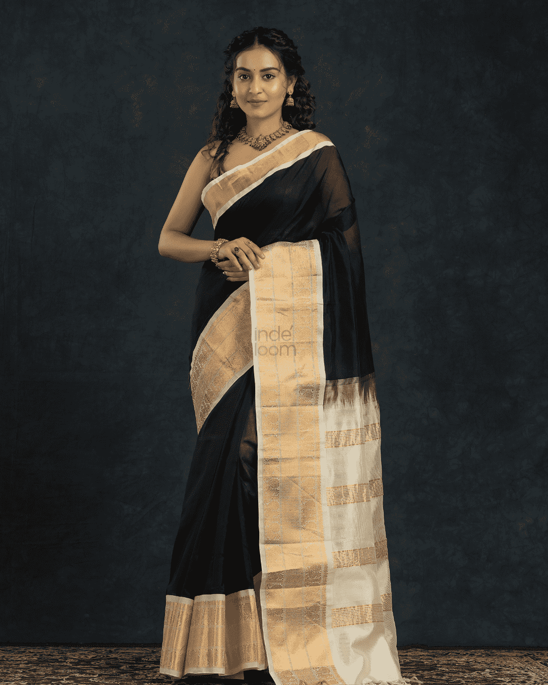Pure handloom Korvai Silk Cotton Saree in Rich Black and White Border - 106