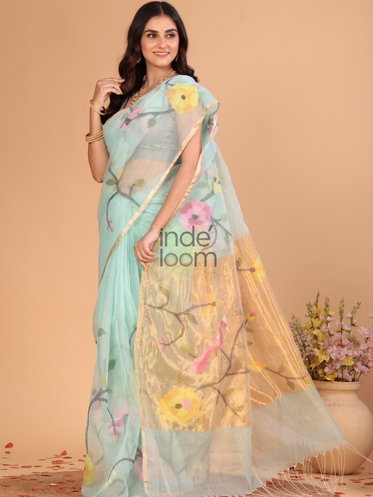 Muslin Tissue Jamdani Saree With Aqua Green - 118
