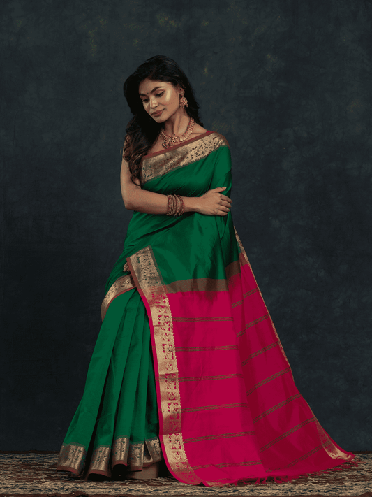 Pure Handloom Korvai Saree | Classic Korvai | Green and Rani Pink