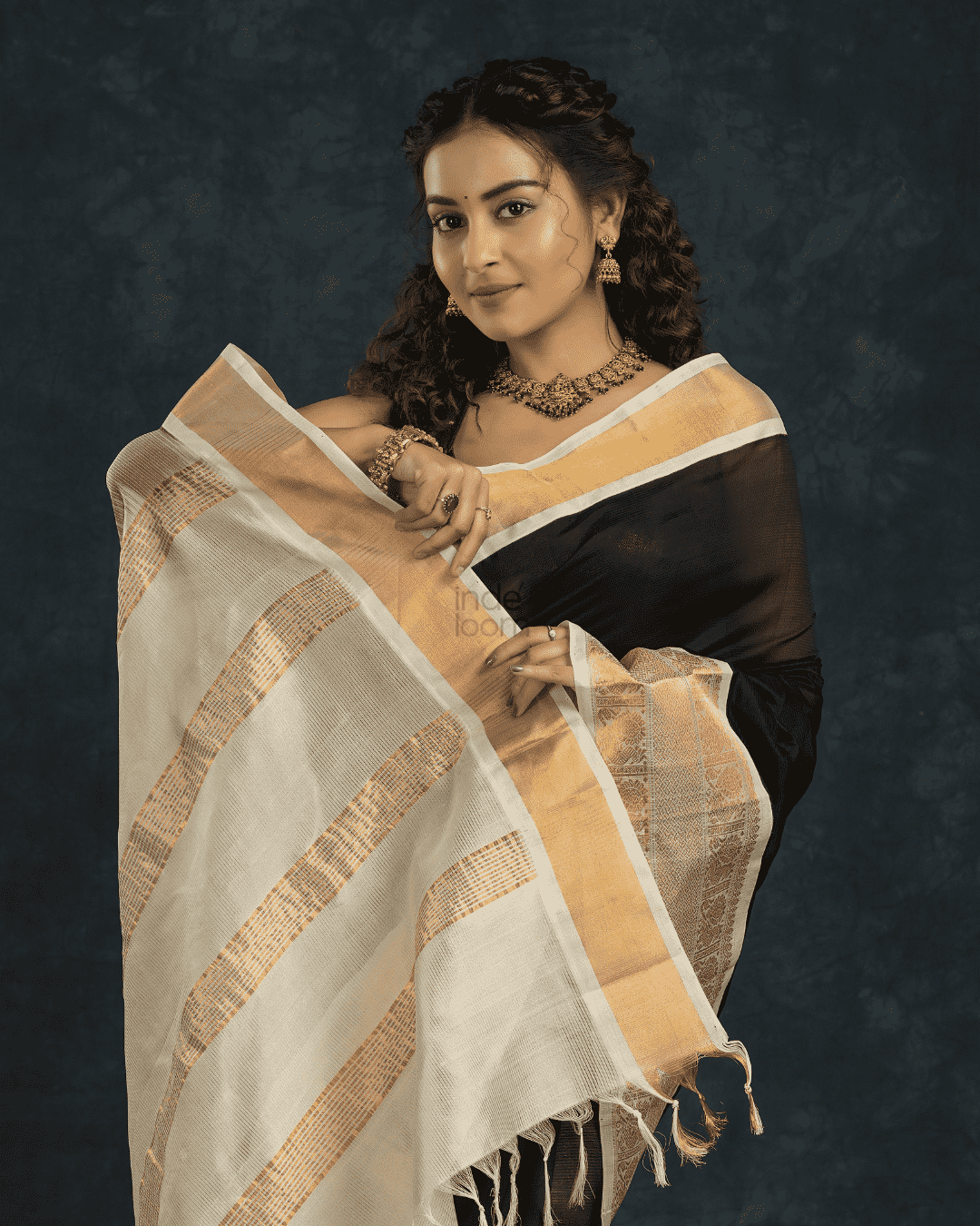 Pure handloom Korvai Silk Cotton Saree in Rich Black and White Border - 106