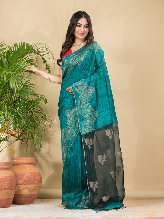 Matka Silk Jamdani Saree With Teal Green - 024