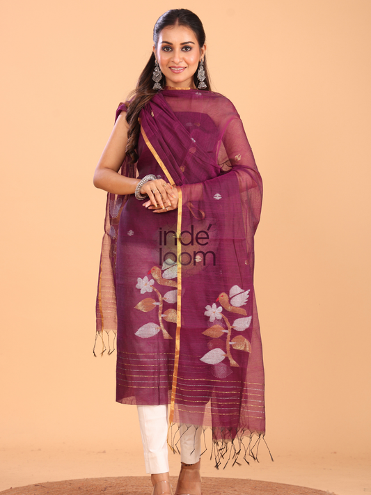 Plum Rose | Handloom Jamdani Muslin-Tissue Unstitched 2-Piece Kurti