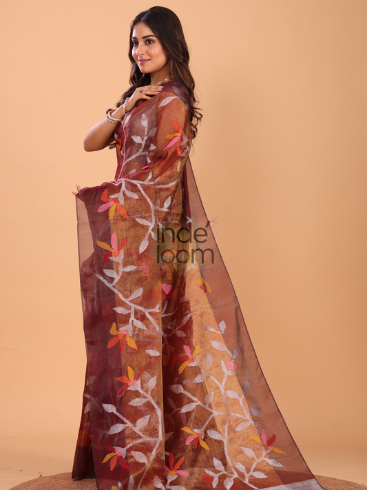 Tissue Silk Saree With Red Brown - 143