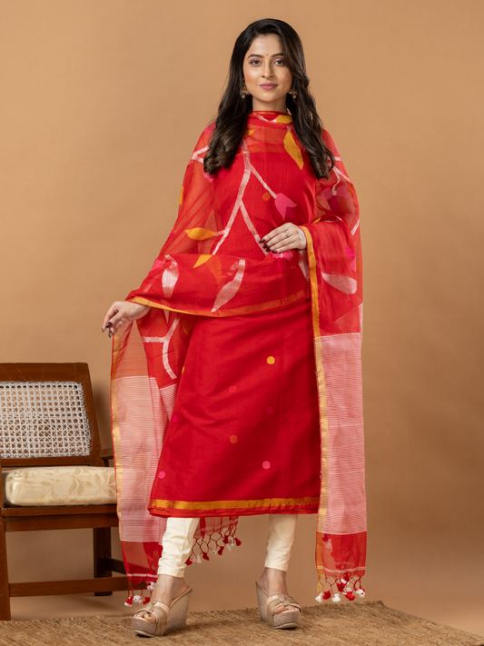Handwoven Jamdani Muslin Unstitched 2-Piece Kurti | Scarlet Red