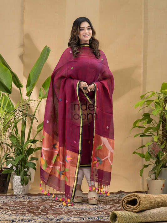 Wine Plum | Handloom Jamdani Linen Unstitched 2-Piece Kurti | Paithani Design