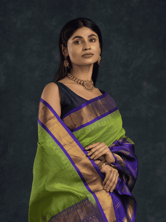 Pure Handloom Korvai Saree | Paithani inspired design - Parrot Buttas | Lime Green and Blue