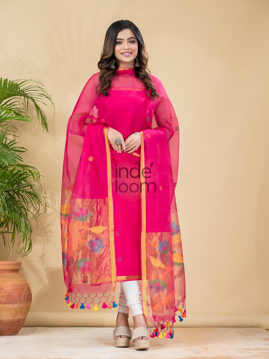 Hot Magenta | Handloom Jamdani Muslin Unstitched 2-Piece Kurti | Paithani Design