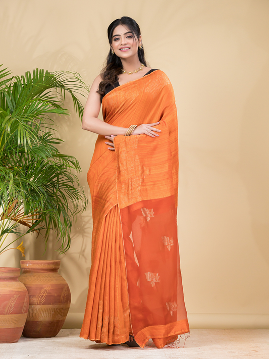 Matka Silk Jamdani Saree With Neon Orange - 025