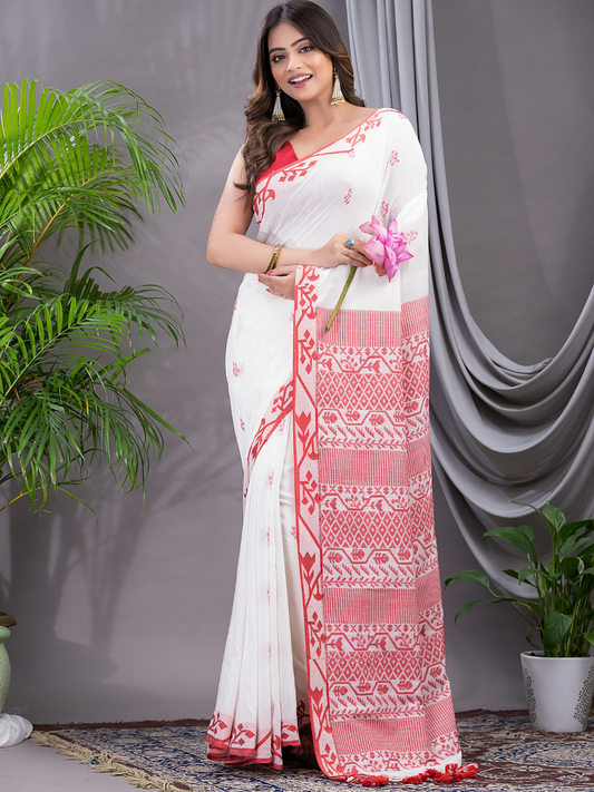 Cotton Jamdani Saree With Snow White - 022