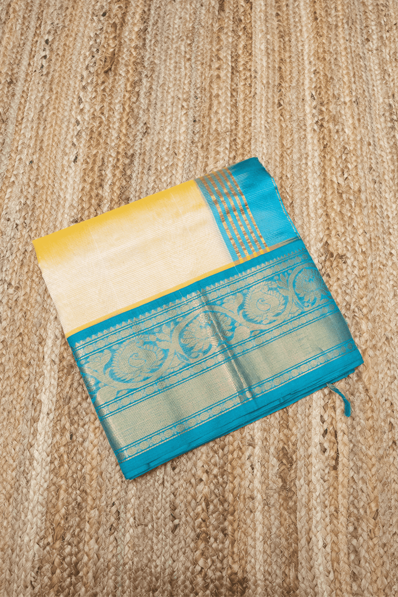 Pure Handloom Korvai Silk Cotton Saree in Light Yellow and Blue Border - 111