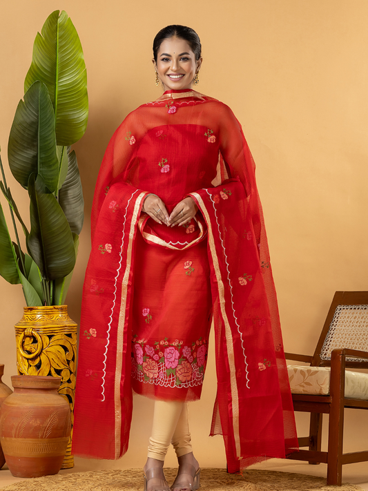 Classic Kota Doria Cotton Unstitched 2-Piece Kurti | Red