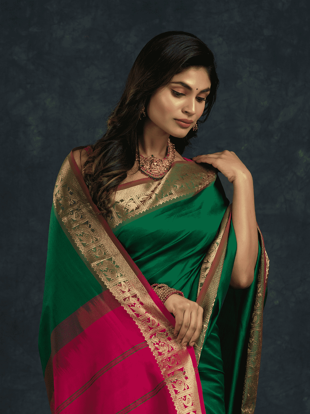 Pure Handloom Korvai Silk Cotton Saree in Forest Green and Fuchsia Pink - 142