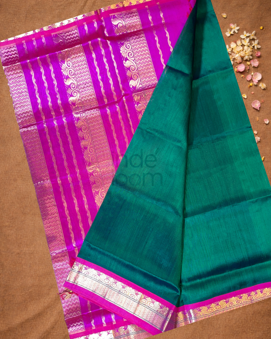 Handloom Korvai Silk Cotton Saree | Deep Teal