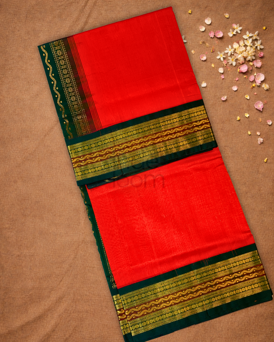 Handloom Korvai Silk Cotton Saree | Classic Red