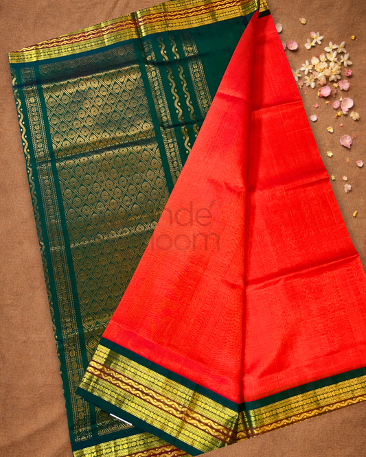 Handloom Korvai Silk Cotton Saree | Classic Red