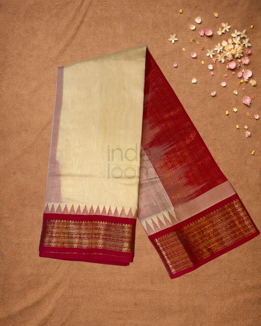 Handloom Korvai Silk Cotton Saree | Warm Ivory