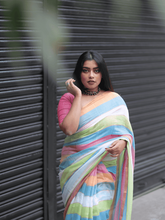 Rainbow Love In Mul Mul Zari Stripes Saree - 035