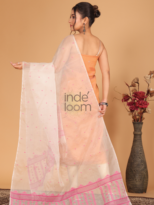 Pure Handloom Muslin Jamdani Dupatta With Light Pink - 003