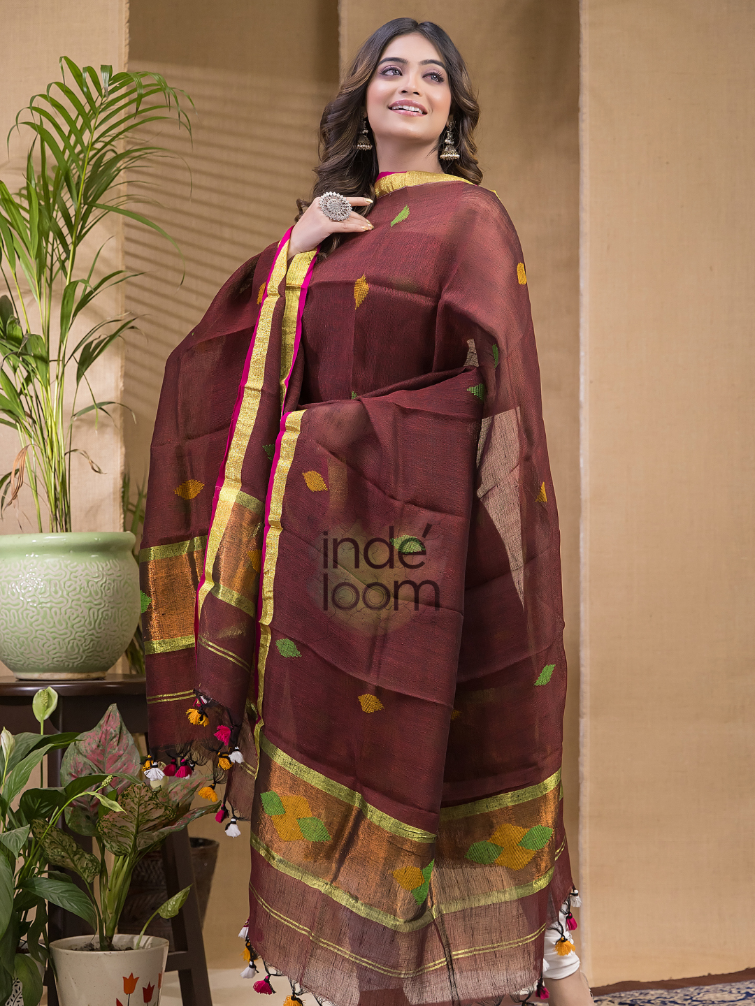 Maroon Red Pure Linen suit 2 piece Set Kurti & Dupatta (UNSTITCHED) -646
