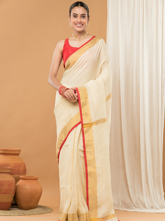 Linen Sequin Jamdani Saree With Cream White - 002