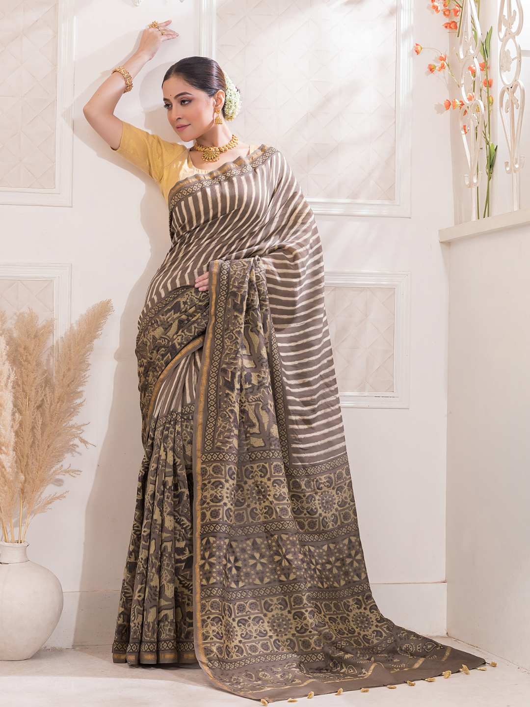 Exclusive Handblock Printed Ajrakh Modal Silk Saree | Charcoal Grey
