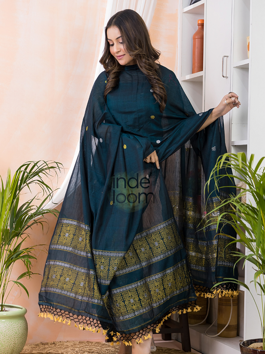 Deep Sea Green | Handloom Jamdani Linen Unstitched 2-Piece Kurti | Baluchari Design