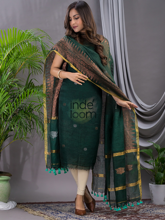 Very Dark Cyan | Handloom Jamdani Linen Unstitched 2-Piece Kurti | Meenakari Design