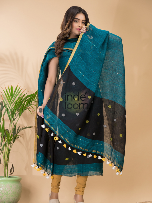 Moss Teal | Handloom Jamdani Linen Unstitched 2-Piece Kurti