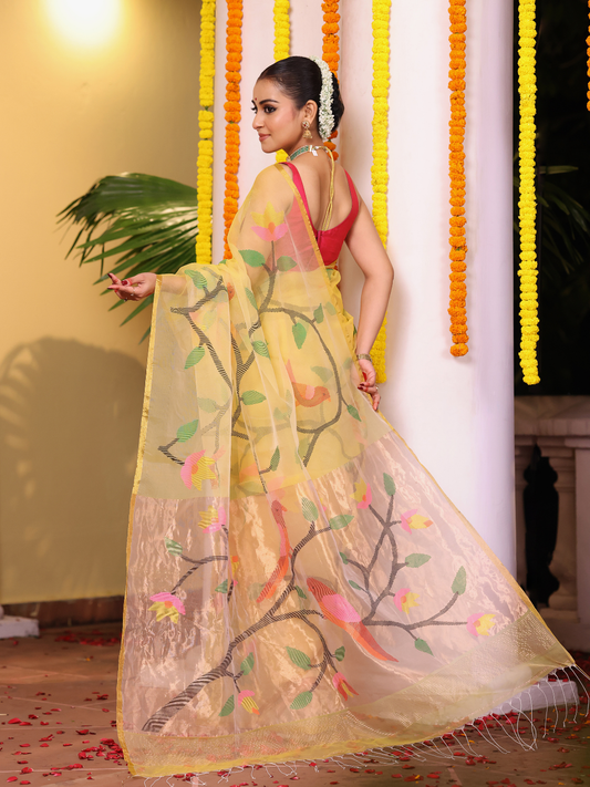 Tissue Muslin Jamdani Saree With Golden Yellow - 108