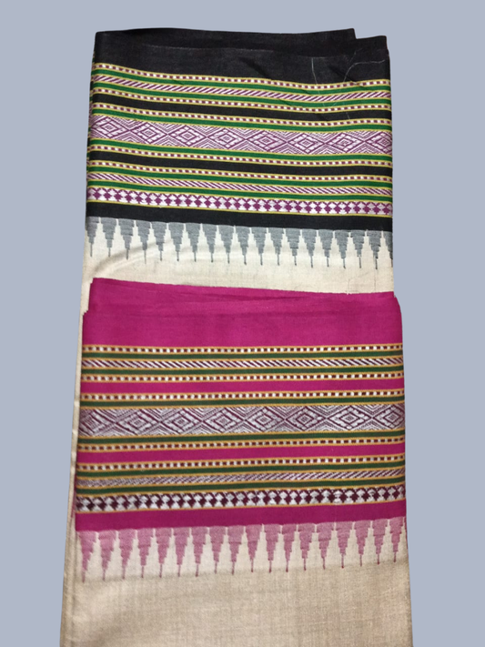 Black and Pink Handloom Vidarbha Tussar Silk Saree with Multicolor Contrast Border - 007
