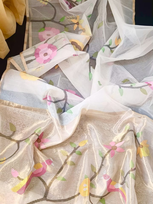 Snow White Hand Woven Muslin Paithani Jamdani Saree - 110