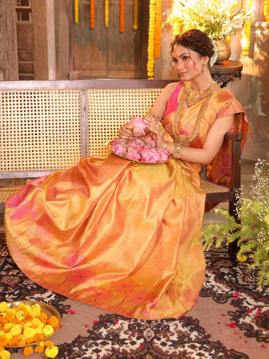 Kanaka Varnika - Golden yellow drape with rudraksha motifs
