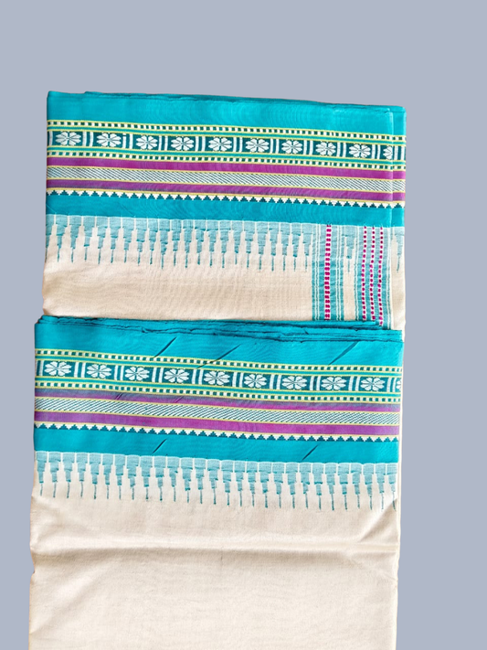 Baby Blue Handloom Vidarbha Tussar Silk Saree with Multicolor Contrast Border - 017