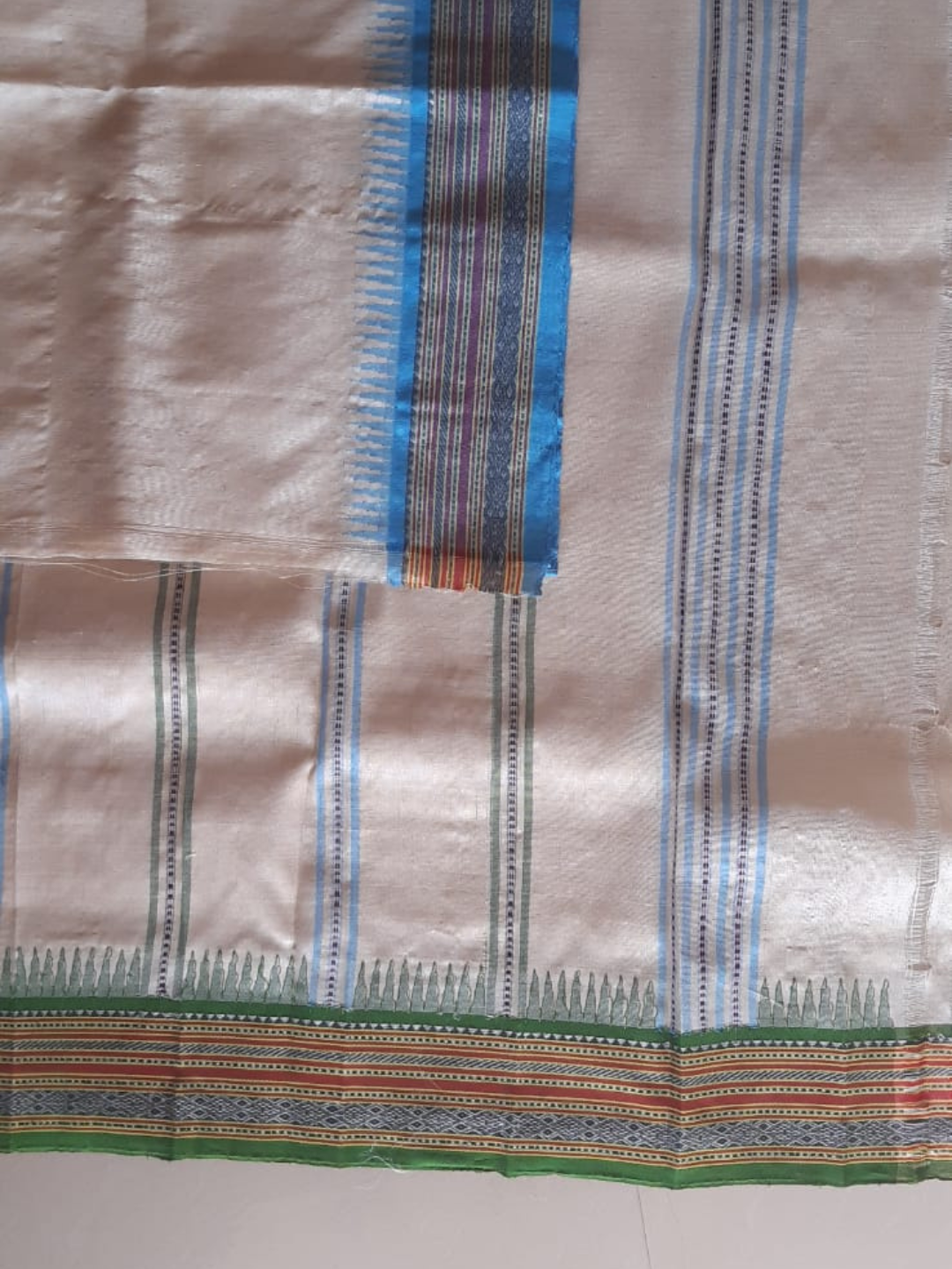 Sky Blue Handloom Vidarbha Tussar Silk Saree with Multicolor Contrast Border -066
