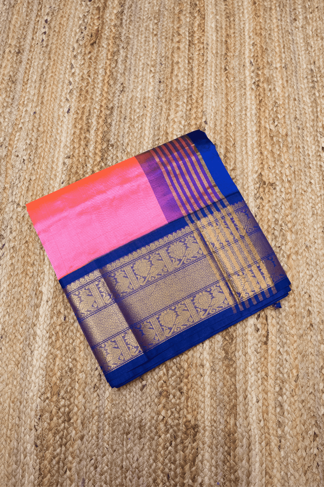Pure handloom Korvai Silk Cotton Saree in Magenta Pink with Purple Border - 002