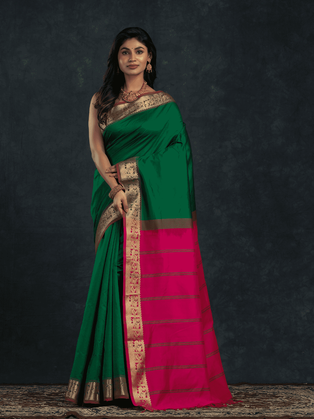Pure Handloom Korvai Silk Cotton Saree in Forest Green and Fuchsia Pink - 142