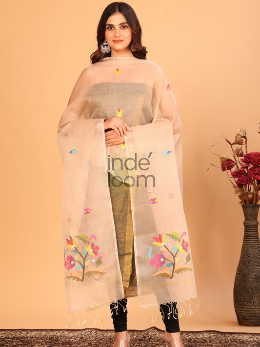 Pure Handloom Muslin Jamdani Dupatta With Pale Brown - 019