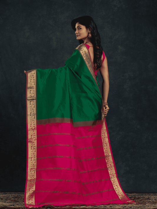 Pure Handloom Korvai Saree | Classic Korvai | Green and Rani Pink