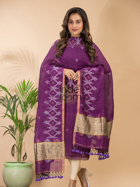Handwoven Jamdani Linen Unstitched 2-piece Kurti | Royal Purple