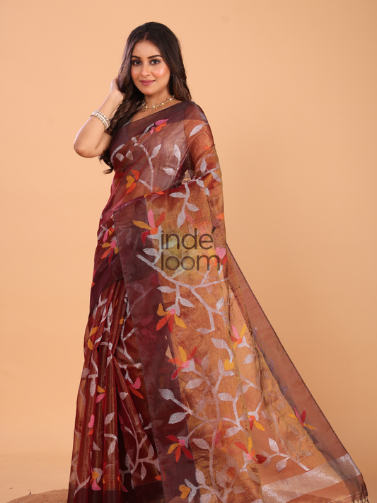 Tissue Silk Saree With Red Brown - 143