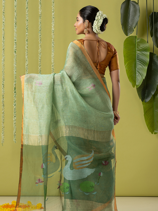 Handwoven Jamdani Silk Linen Saree | Sage Green