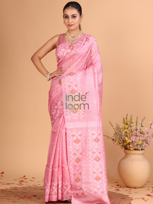 Tussar Silk Saree With Shaded Deep Pink - 119