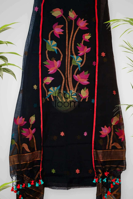 Deep Black | Handloom Jamdani Muslin Unstitched 2-Piece Kurti