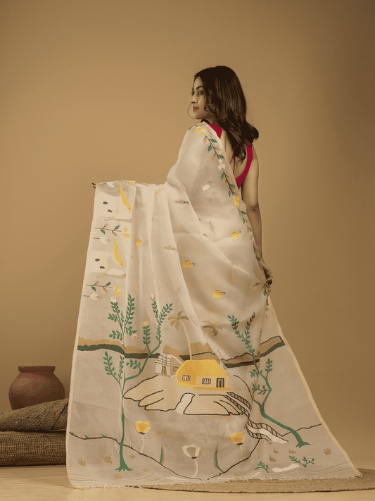 Hand Made Muslin Jamdani Saree With Linen White - 014