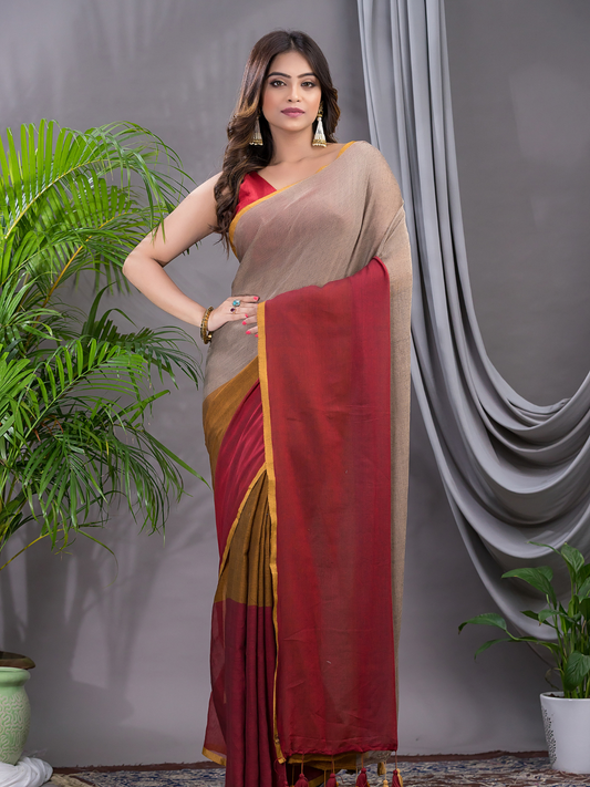 Tissue Silk Saree With Beige And Maroon - 017