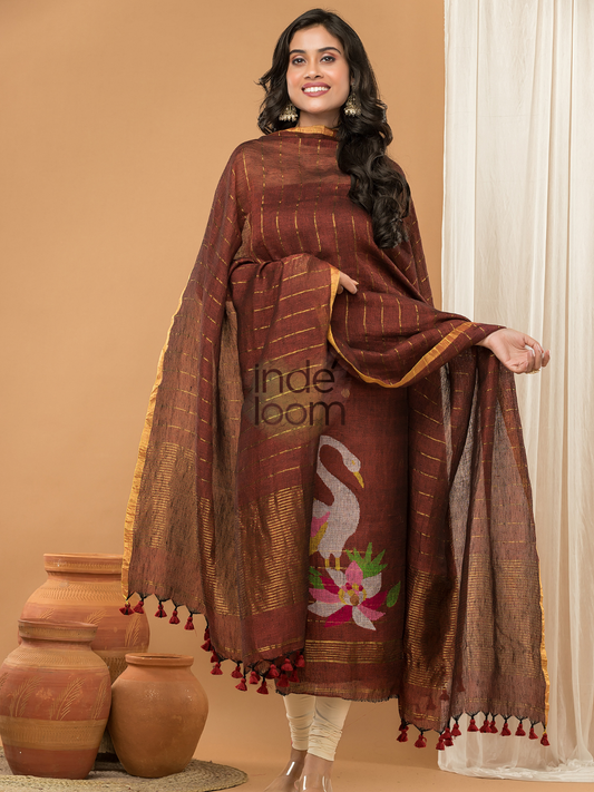 Handwoven Jamdani Muslin Unstitched 2-piece Kurti | Coffee Brown