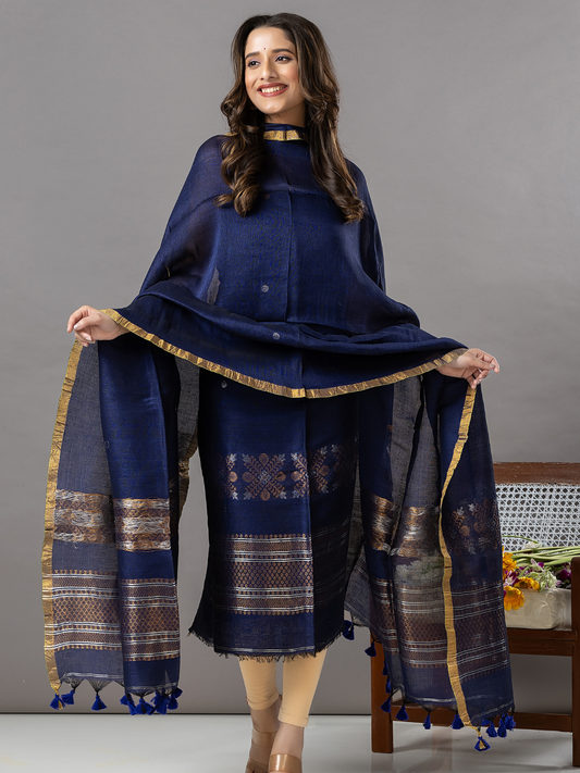Handwoven Jamdani Linen Unstitched 2-Piece Kurti | Deep Navy Blue