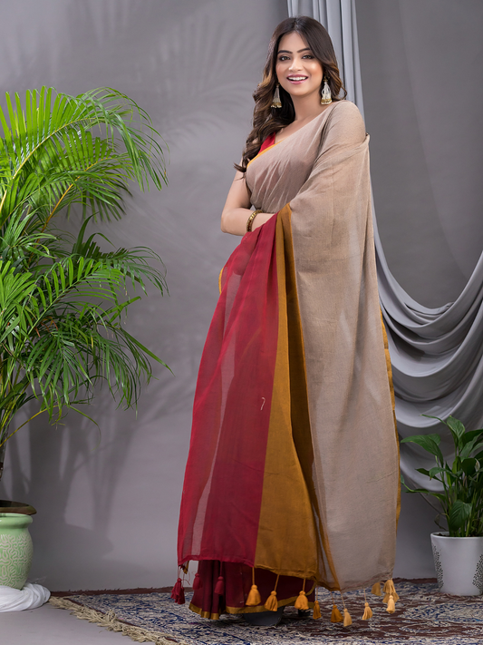 Tissue Silk Saree With Beige And Maroon - 017
