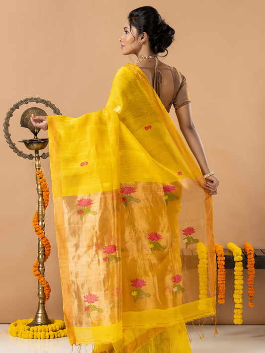 Handwoven Jamdani Silk Tissue Linen Saree | Bright Yellow
